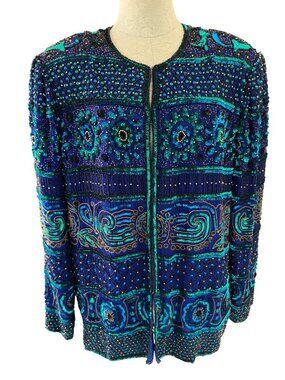 Scala Womens Hand-beaded And Sequined Evening Jacket Size XL Blue Silk Vintage